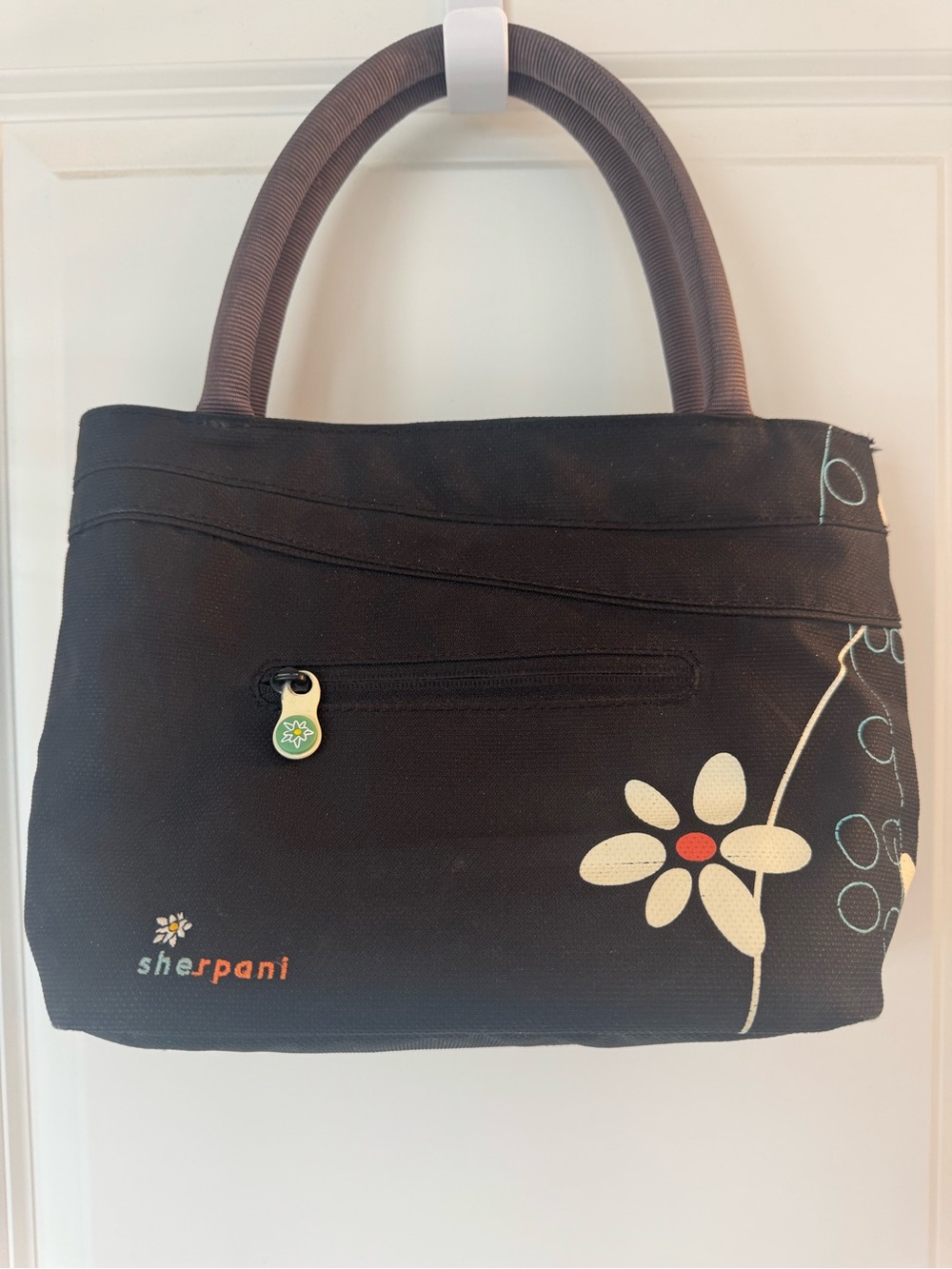 Sherpani Black Tote with Cream & Red Floral Accent